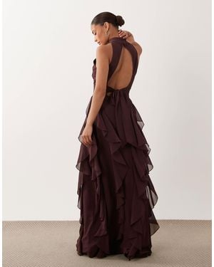 LACE & BEADS High Neck Backless Ruffle Maxi Dress - Brown