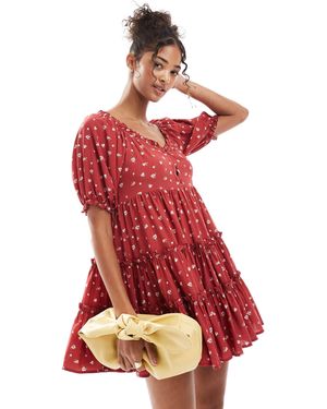 Daisy Street Smock Tie Mini Dress - Red