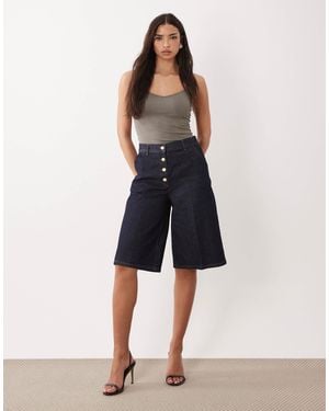 ASOS Wide Leg Denim Bermuda Short With Gold Button - Blue