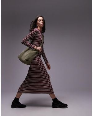 TOPSHOP Vestito Lungo A Maniche Lunghe Bordeaux A Righe - Marrone