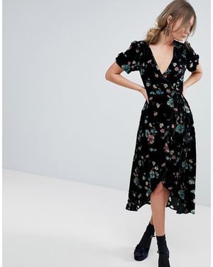 Oasis Robe portefeuille mi-longue en velours avec imprimé floral - Noir