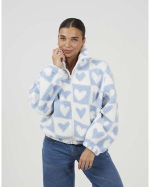Brave Soul Heart Print Zip Through Sherpa Fleece - White