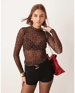 New Look Mesh High Neck Long Sleeve Top - Brown