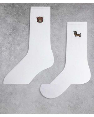 ONLY Set Van 2 Paar Sokken Met Geborduurd Beertje En Hondje - Wit