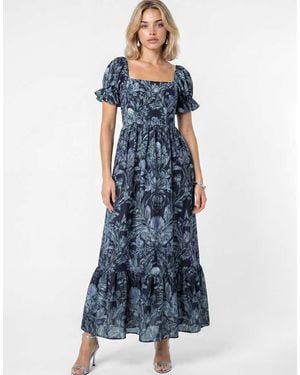 Lovedrobe Floral Print Puff Sleeve Square Neck Midaxi Dress - Blue