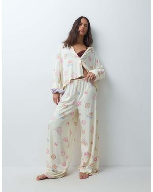 ASOS Viscose Super Soft Long Sleeve Shirt & Trouser Pajama Set - White