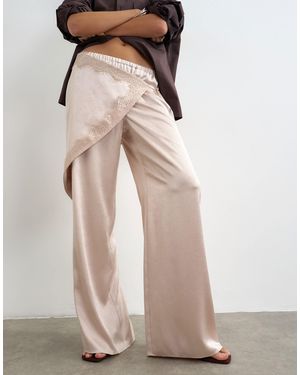 TOPSHOP Satin Wrap Around Lace Detail Trouser - Natural