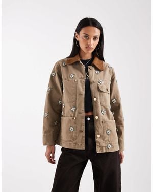 AllSaints Bex Floral Embroidered Cord Collar Denim Jacket - Natural