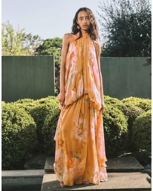 TOPSHOP – blouson-maxikleid aus hochwertiger viskose mit handgemaltem blumenmuster, neckholder und rückenausschnitt - Braun