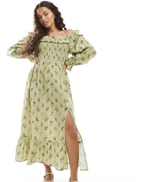 Miss Selfridge Printed Linen Bardot Maxi Dress - Green