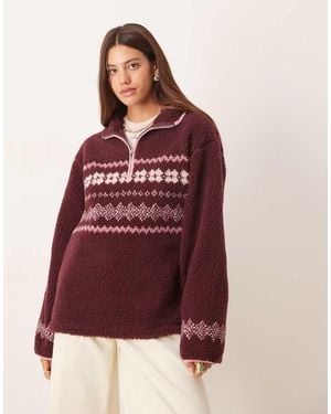 ASOS Borg Fleece Half Zip With Placement Fairisle - Red