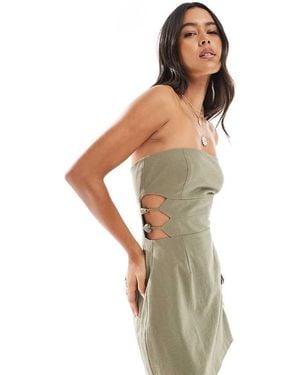 4th & Reckless Exclusive Linen Look Cotton Bandeau Cut Out Bead Detail Mini Dress - Metallic