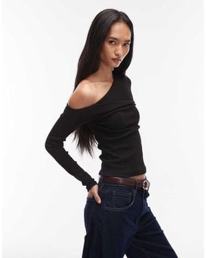 ASOS Ribbed Twisted Asymmetric Long Sleeve Top - Black