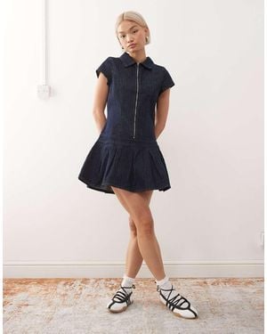 Collusion 90s Denim Fitted Dropped Waist Dress - Blue
