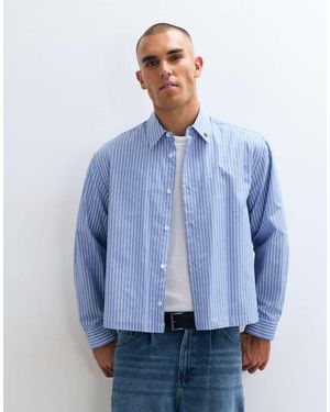 ASOS Boxy Oversized Stripe Shirt With Placement Prints - Blue