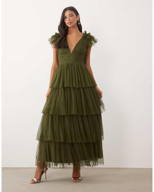 LACE & BEADS Tiered Ruffles Tulle Maxi Dress - Green