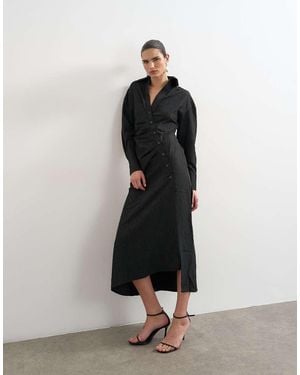 TOPSHOP Open Collar Ruched Long Sleeve Midi Shirt Dress - Blue