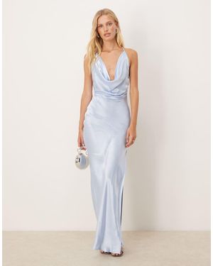 SNDY'S Exclusive Satin Cowl Neck Strappy Open Back Side Split Maxi Dress - Blue