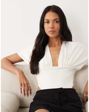 ASOS Polyamide Drape Sleeve Plunge Bodysuit - Natural