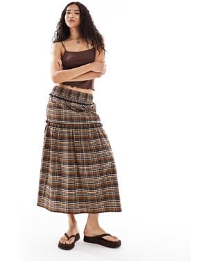 Wednesday's Girl A-line Tartan Midi Skirt - Brown