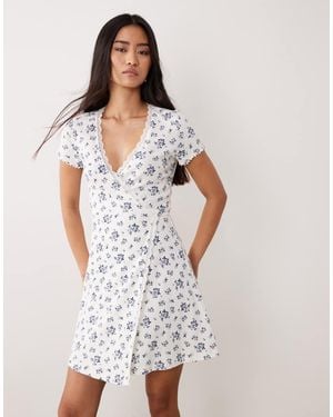 Miss Selfridge Ditsy Print Pointelle Lace Trim Wrap Dress - White