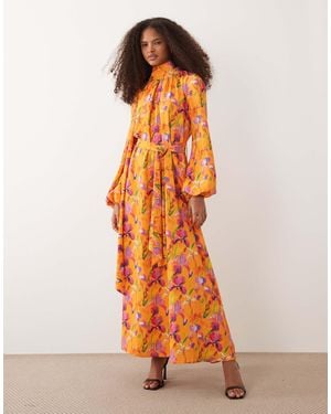 Iyal High Neck Balloon Sleeve Tie Waist Maxi Dress - Orange