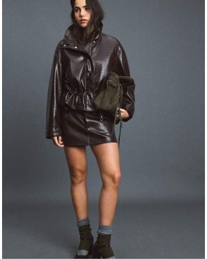 Stradivarius Crocodile-Effect Leather Effect Cropped Jacket - Black