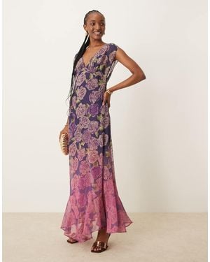 ASOS V-neck Floral Ombre Print Maxi Dress - Pink