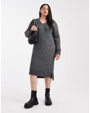 ONLY V-neck Knit Midi Dress With Embellished Studs - Gray