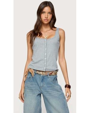 Edikted Gwenne Pointelle Button Up Tank Top - Blue