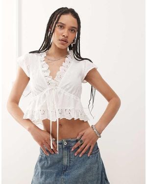 Reclaimed Vintage Western Tea Top With Broderie Trim - White