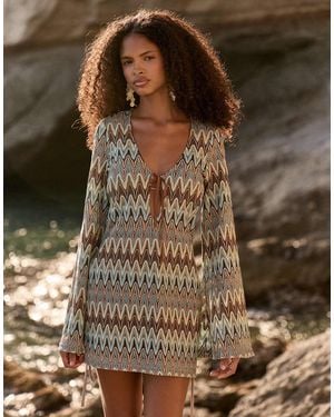 4th & Reckless Crochet Tie Front Keyhole Detail Fluted Sleeves Beach Mini Dress - Brown