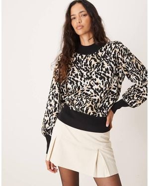 Y.A.S Maglione Accollato Con Maniche A Sbuffo E Stampa Leopardata - Nero