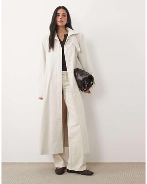 4th & Reckless Funnel Buckle Neck Detail Button Through Midi Trench Coat - Natural