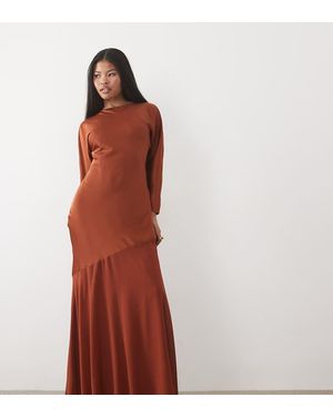 TFNC London Satin Bias Round Neck Long Sleeve Chiffon Skirt Detail Maxi Dress - Brown
