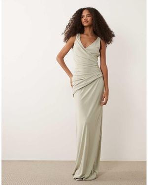 Six Stories Bridesmaids Stretch V Neck Ruched Panel Maxi Dress - Natural