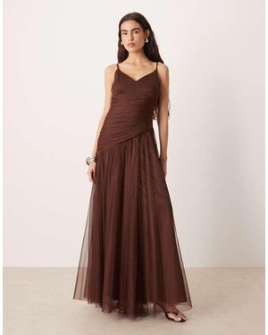 LACE & BEADS Tulle Asymmetric Drop Waist Maxi Dress - Brown