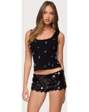 Edikted Zelena Faux Crystal Ribbed Tank Top - Black