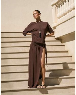 4th & Reckless Fine Knit Drape Front Thigh Split Maxi Beach Skirt - Natural