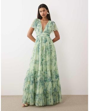 LACE & BEADS Flutter Sleeve Maxi Dress - Green