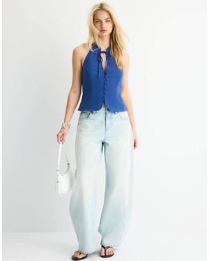 Stradivarius Qipao Halter Neck Button Top - Blue
