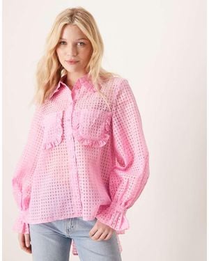 Y.A.S Sheer Check Ruffle Trim Detail Shirt - Pink