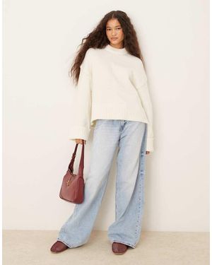 Gina Tricot Relaxed Crew Neck Folded Sleeve Knitted Jumper - White