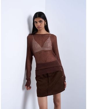 TOPSHOP Knitted Sheer Cinch Waist Top - Brown