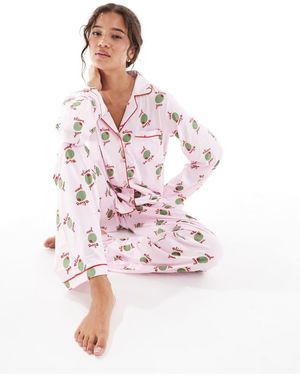 Loungeable Super Soft 'olive You' Jersey Revere Top And Wide Leg Pyjama Set - Pink