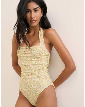 Nobody's Child Ditsy Floral Halterneck Ruched Swimsuit - Natural