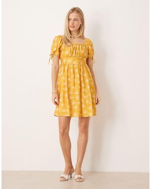 Lovedrobe Elasticated Square Neck Short Sleeve Mini Dress - Yellow