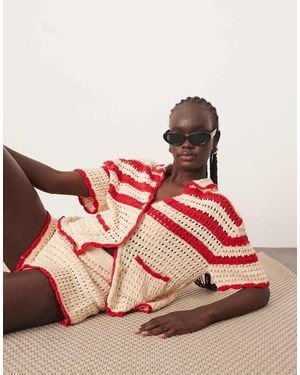 ARRANGE Knitted Contrast Stripe Button Through Top Co-ord With Pockets - Red