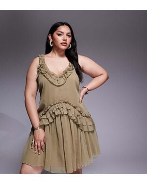 ASOS Asos Design Curve Ruffle Strap Detail Mini Dress With Gold Trim - Brown