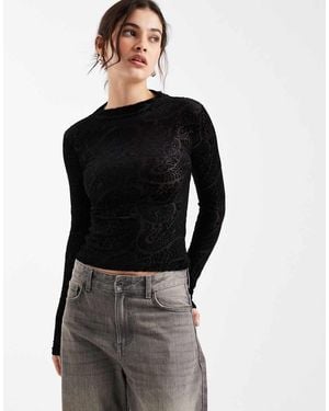 New Look Flocked Paisley Long Sleeve Top - Black